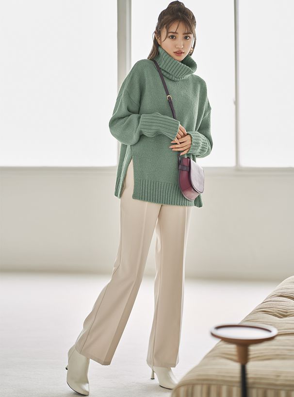 日本 GRL - 大寬鬆高領開衩針織毛衣-鐵灰