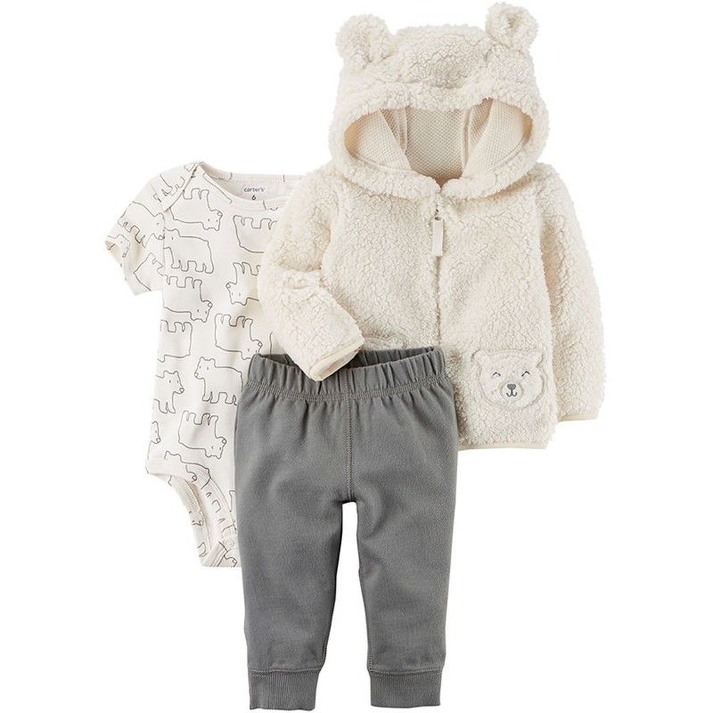 美國 Carter's - 嬰幼兒秋冬外套包屁衣長褲三件組-白熊玩耍