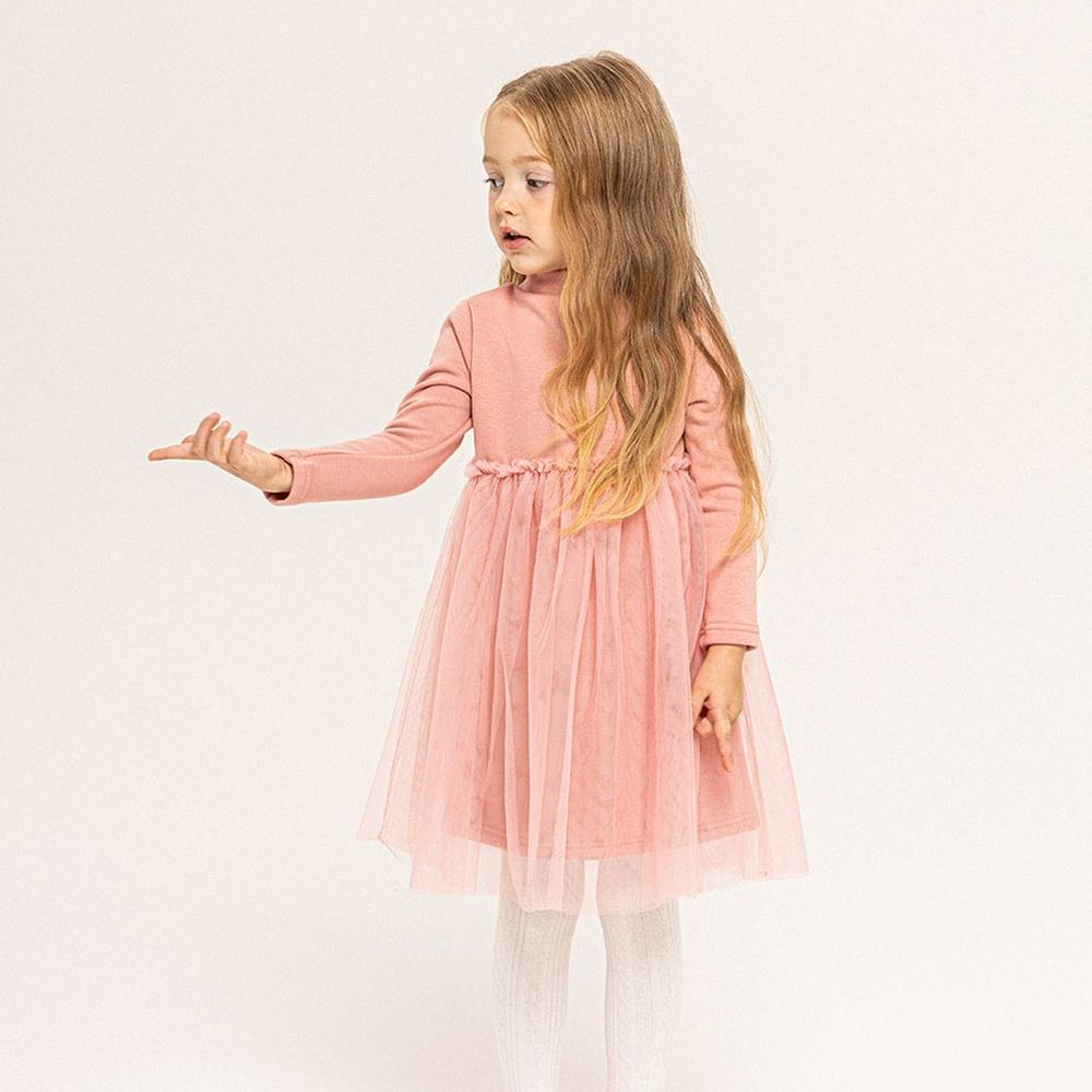 (內磨毛)柔美網紗點綴中領長袖洋裝-乾燥玫瑰粉