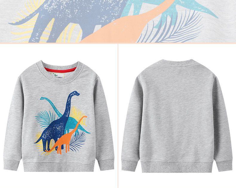 Jumping meters - 圓領棉質長袖上衣/大學T-葉子恐龍-灰色