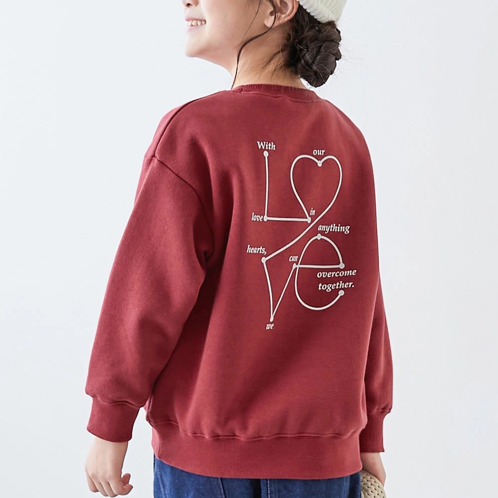 熱銷定番 裏起毛女孩印花大學長袖上衣-LOVE-酒紅