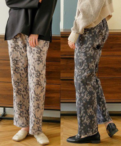 日本 Bou Jeloud - 復古花草圖騰長褲-海軍藍