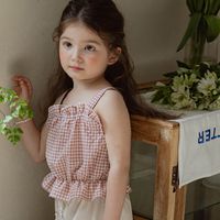 韓國 Puellaflo - 甜甜花邊裝飾細格紋肩帶上衣-紅
