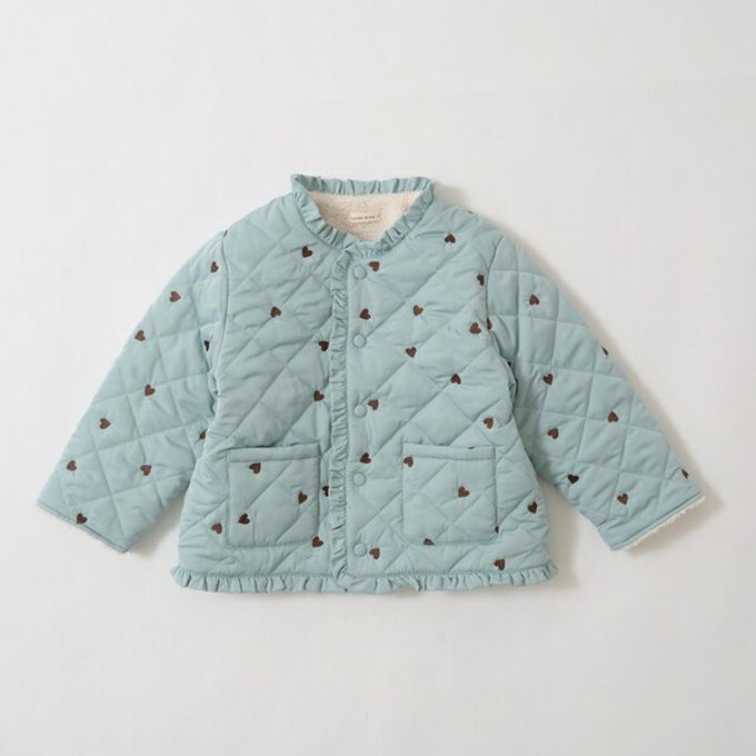 日本 Lycee mine - 滿版愛心荷葉皺褶內刷毛鋪棉外套-米白