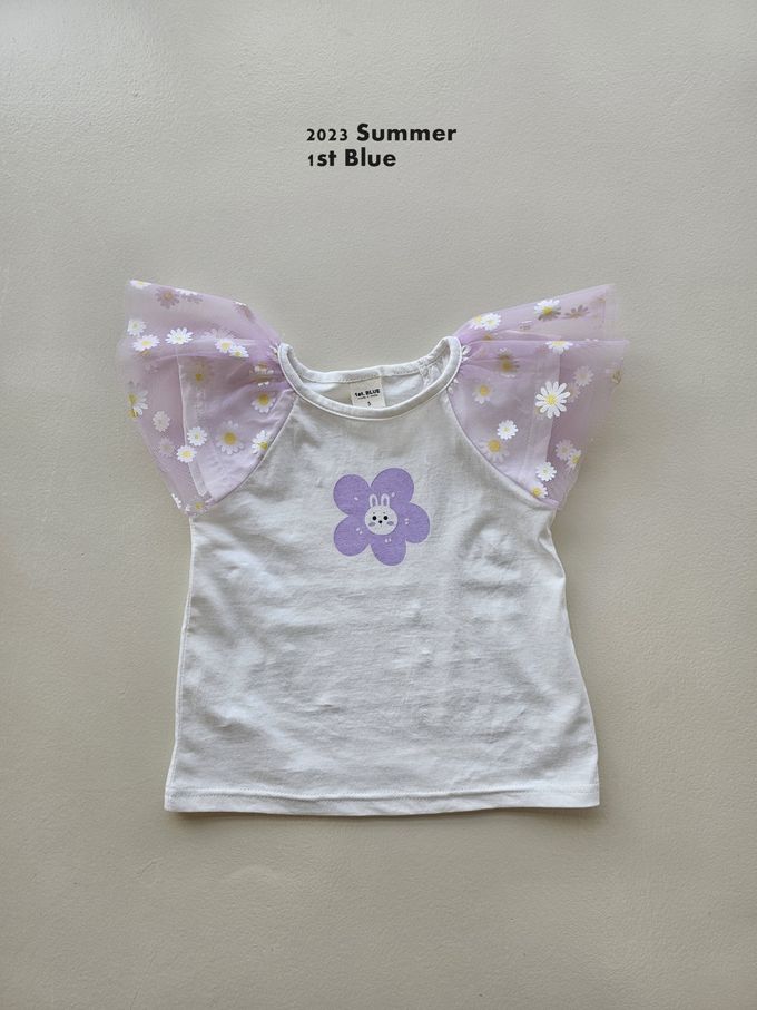 韓國 First Blue - 花花兔印紗拼接短袖上衣-淺紫