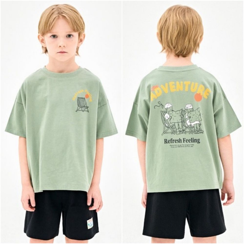 手繪風格冒險圖案純棉短袖套裝-綠X黑