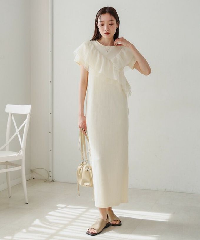 日本 Bab - 不對稱交叉薄紗拼接短袖洋裝-淺灰