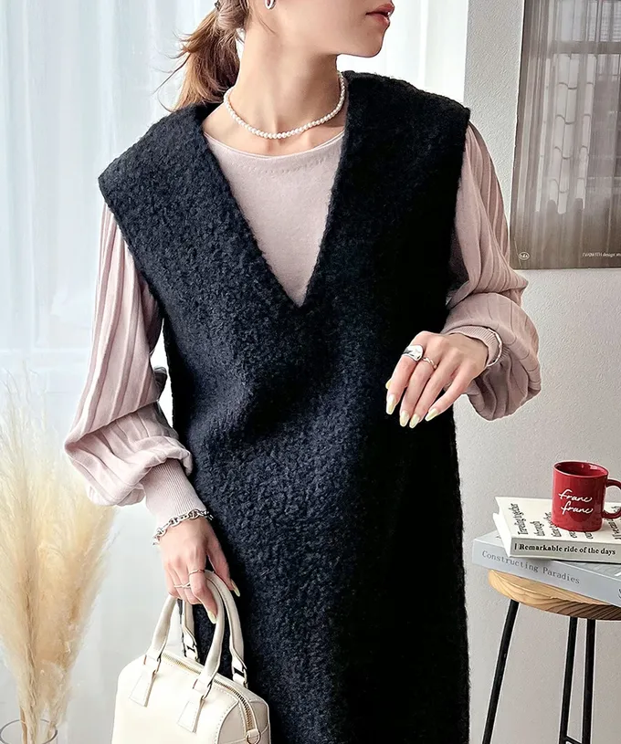 日本 Classical Elf - 毛茸茸修身V領背心裙-摩卡