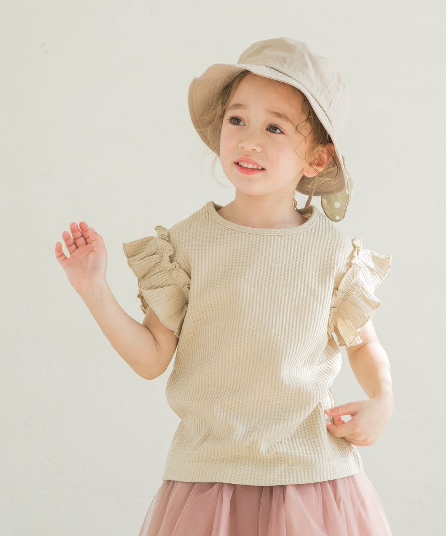 日本 PAIRMANON - 純棉荷葉衣袖拼接鬆餅紋短T-黑