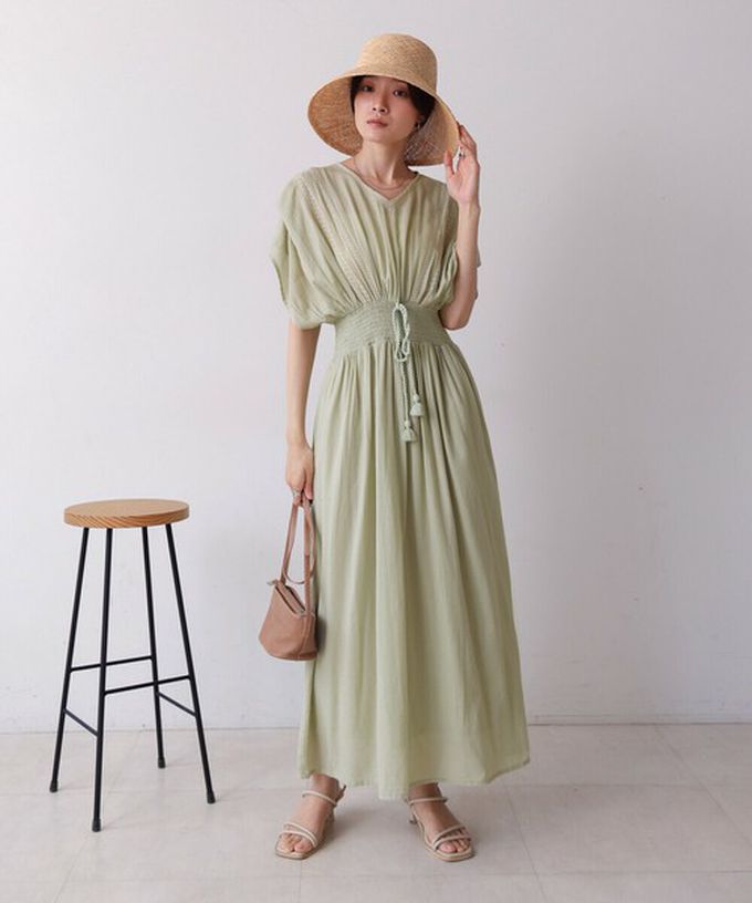 日本 Bab - 100%印度棉 素雅刺繡收腰短袖洋裝-黃