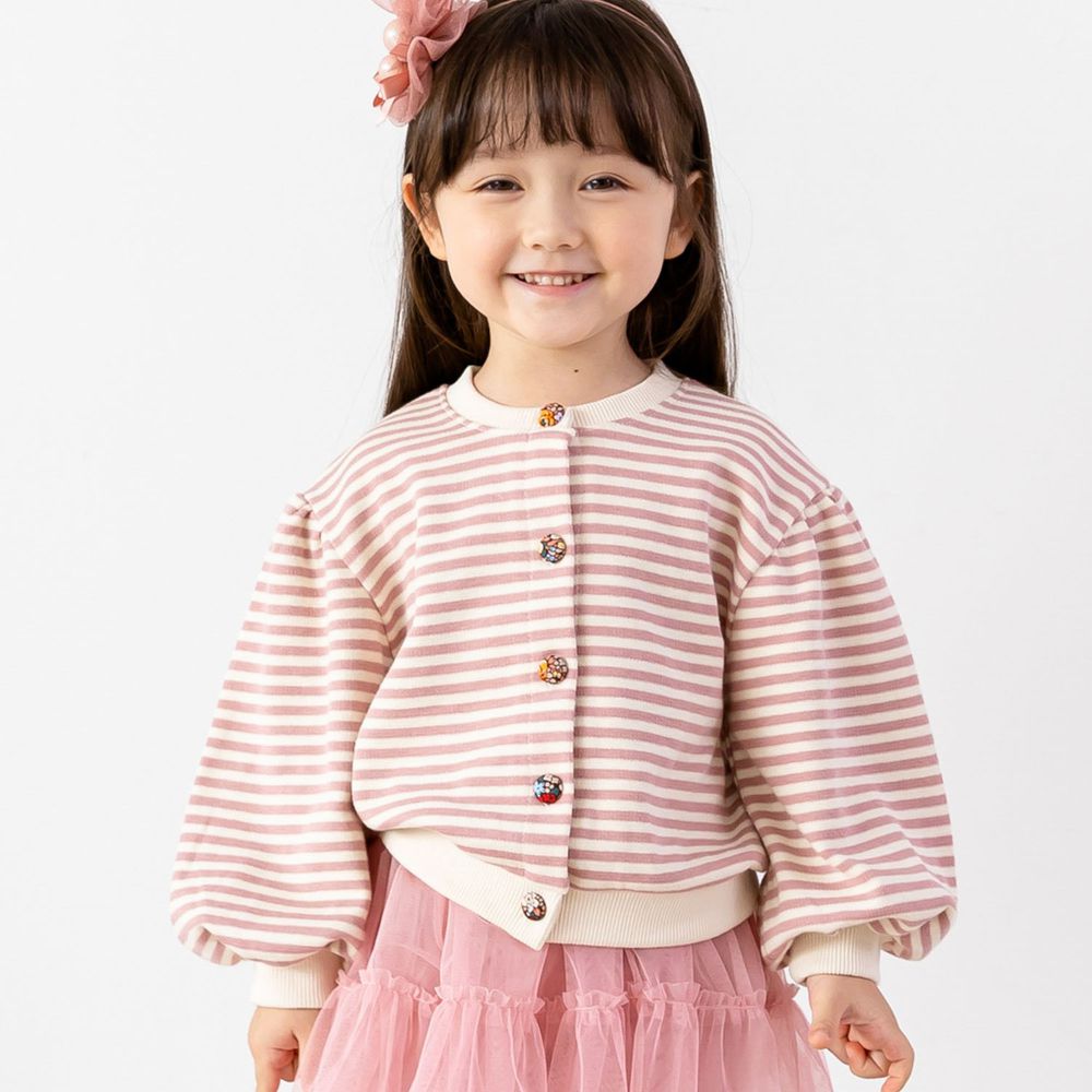 韓國 ERU - 單排釦條紋針織外套-粉紅