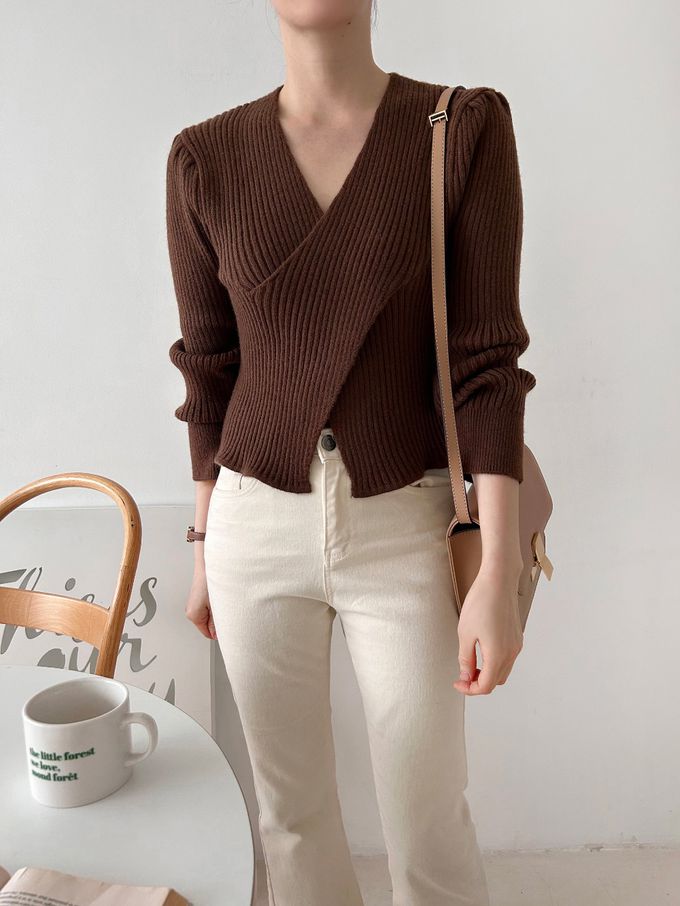 韓國女裝連線 - X交叉設計彈性坑條針織上衣-粉 (FREE)