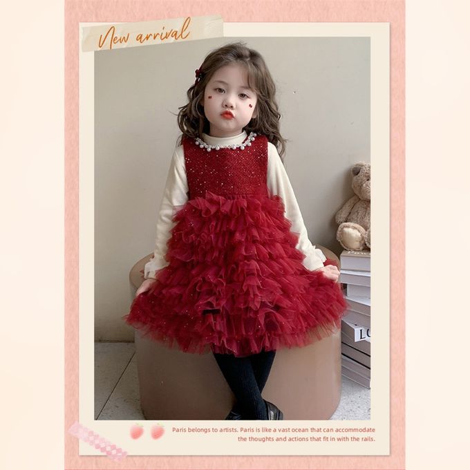 新年拜年法式甜美珍珠鑽飾領口蛋糕網紗洋裝