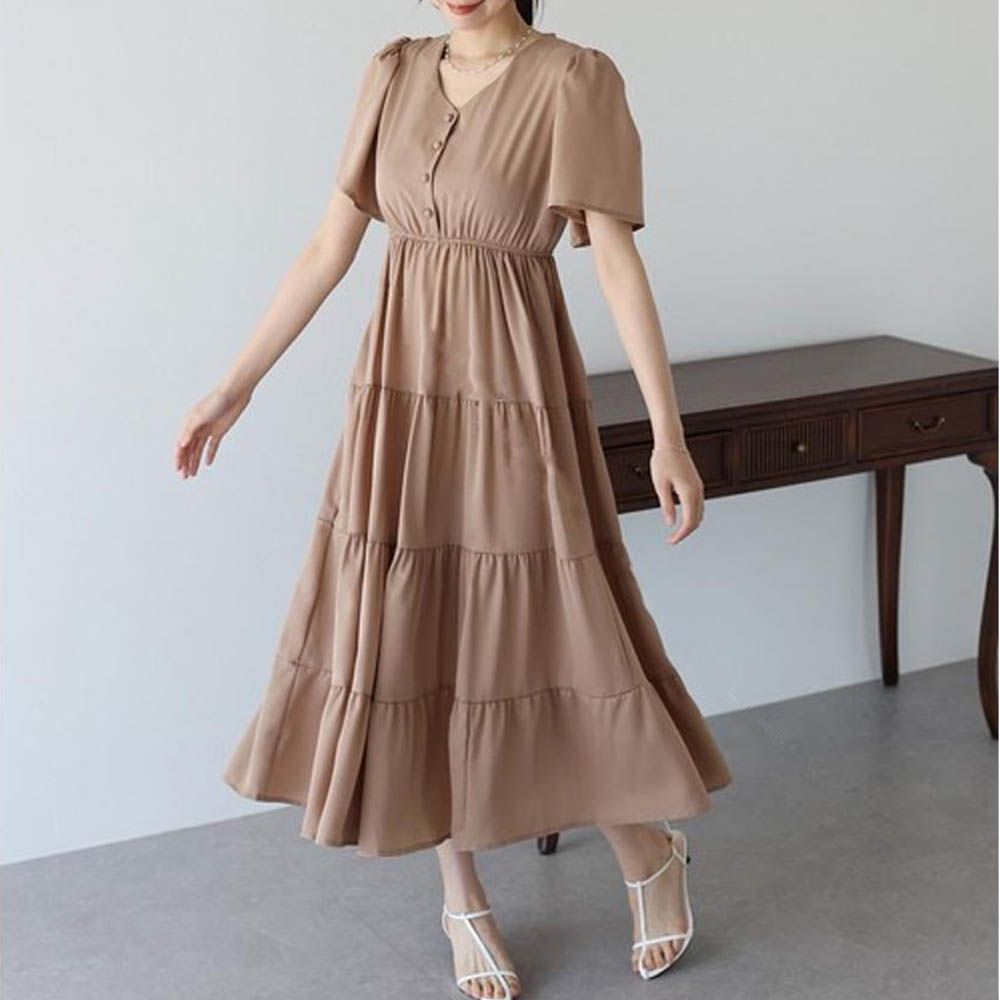[人氣款]束腰修身喇叭短袖洋裝-素面-淺摩卡 (M)