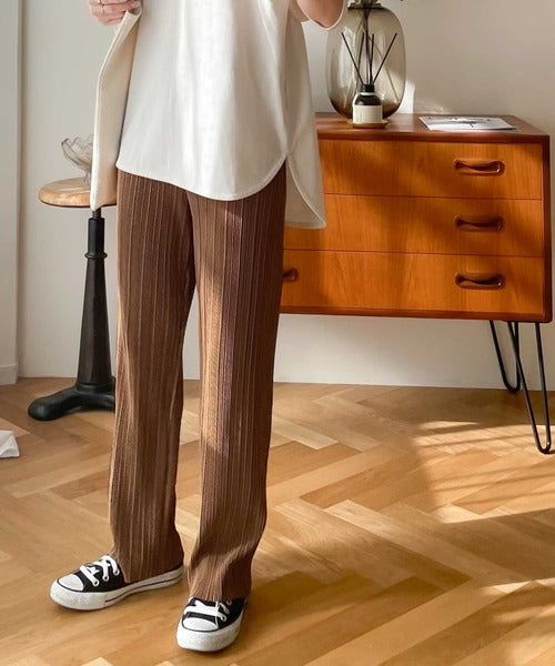 日本 Classical Elf - 光澤感細褶垂墜感長褲-焦糖棕