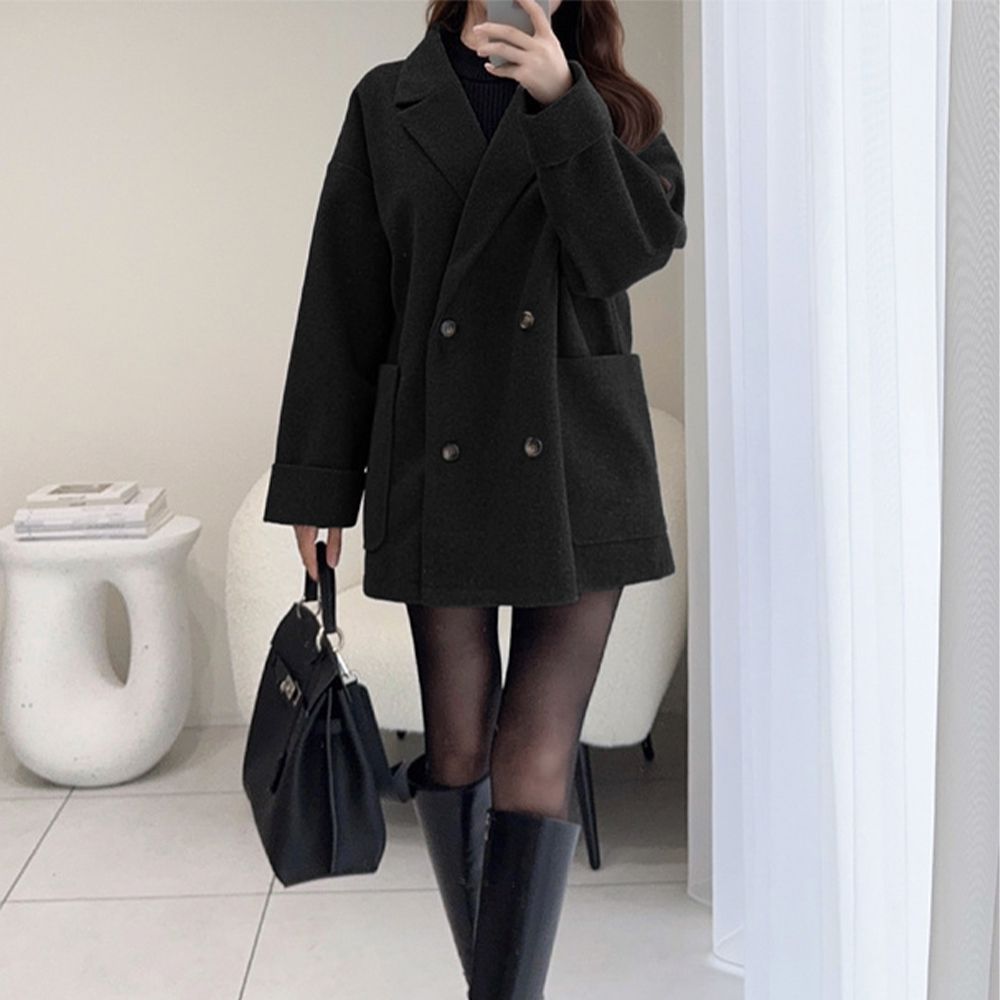 雙排扣修身翻領大口袋大衣外套-黑 (F)