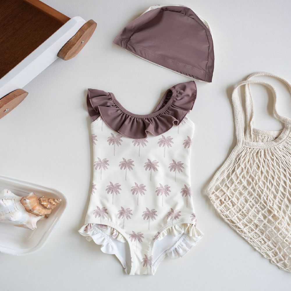 UPF50+花邊連身泳裝(附泳帽)-椰子樹