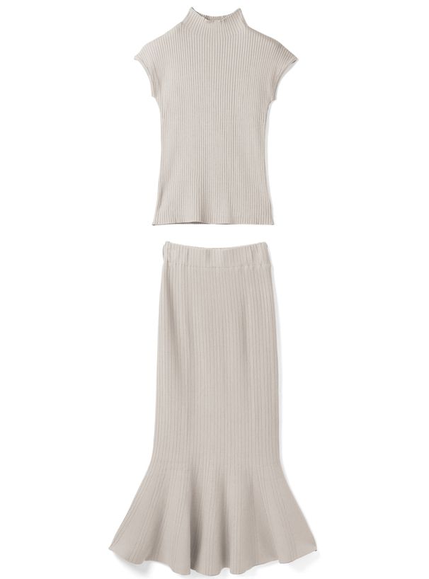 日本 GRL - 立領彈性羅紋兩件式短袖洋裝-淺米杏