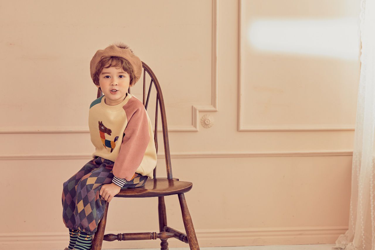 韓國 Mimico - (裏起毛)立體木馬拼接色T