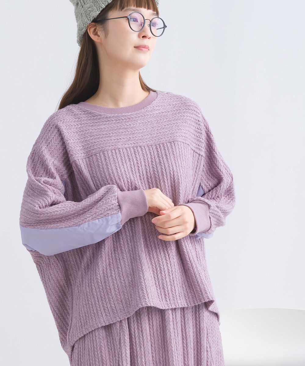 日本女裝代購 - 拼接撞色寬袖麻花針織上衣-灰