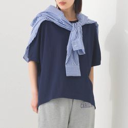 日本 OMNES - 接觸冷感 嫘縈休閒廓形短袖上衣-海軍藍