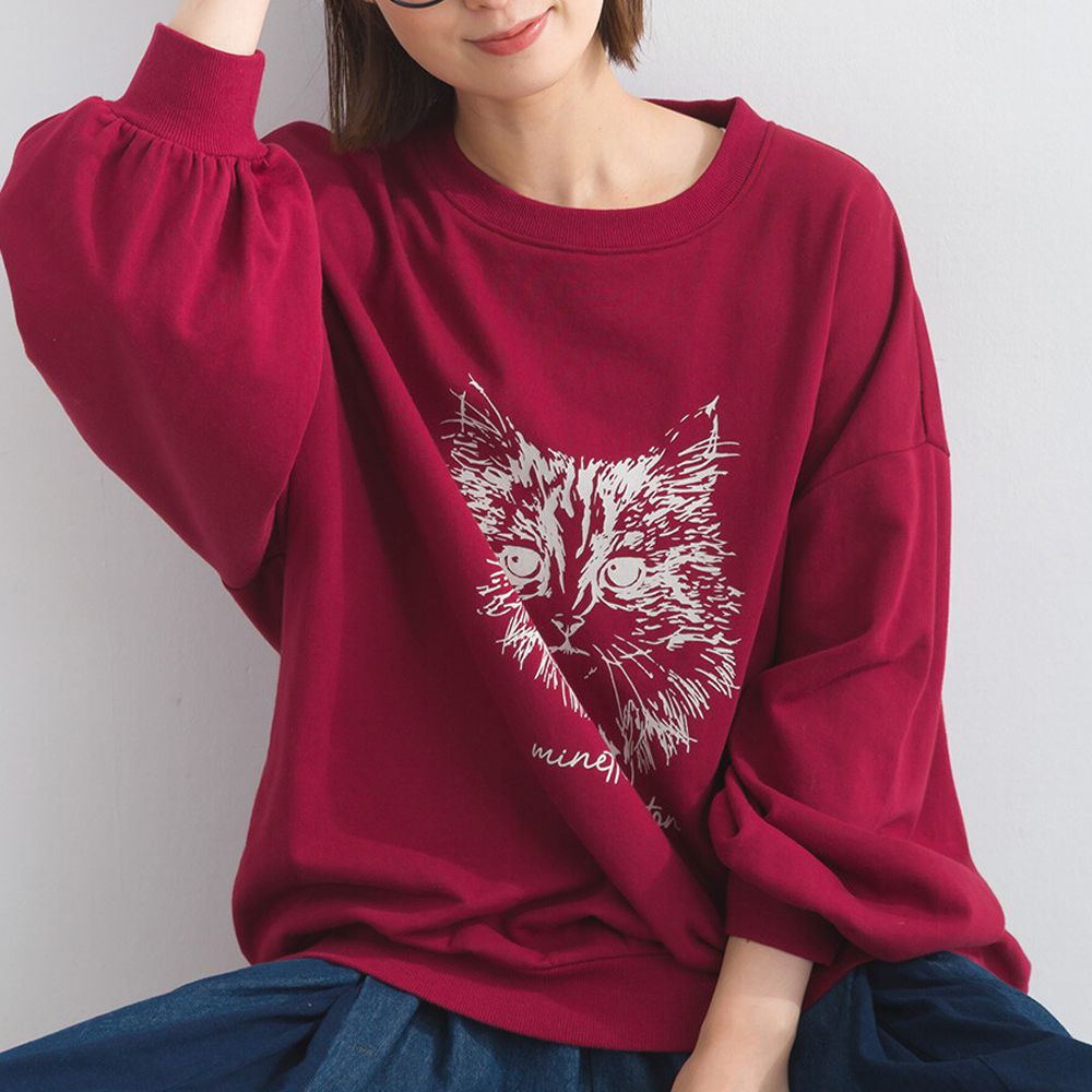 線條貓咪印花裏毛長袖上衣-酒紅