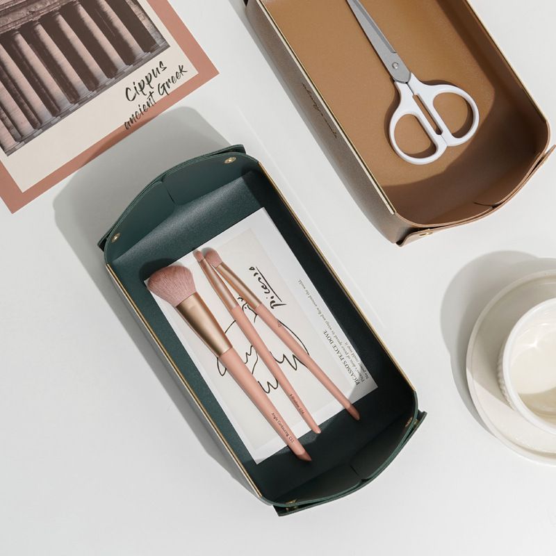 北歐簡約風皮質桌面收納盒-淺口款-灰色