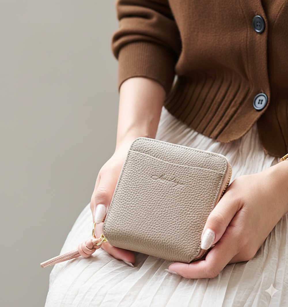 優雅輕量迷你真皮短夾(防盜設計)-卡其x粉 (10.5x11cm)