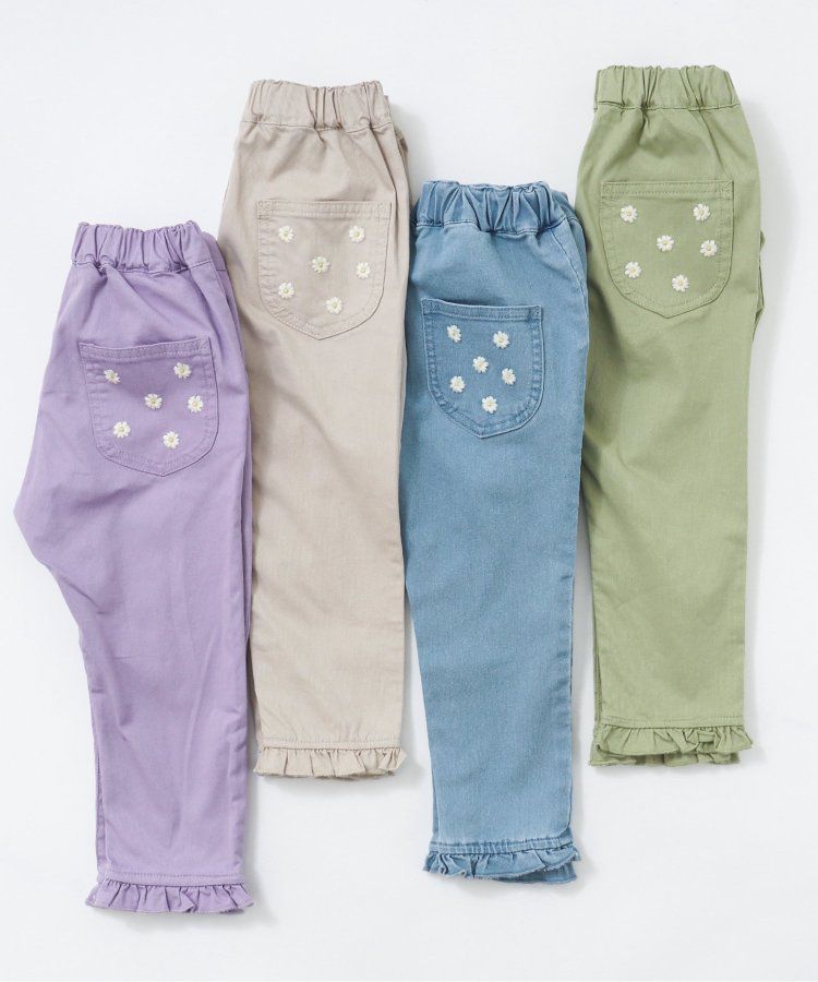 日本 apres les cours - 雛菊刺繡口袋下擺荷葉休閒九分褲-丹寧藍