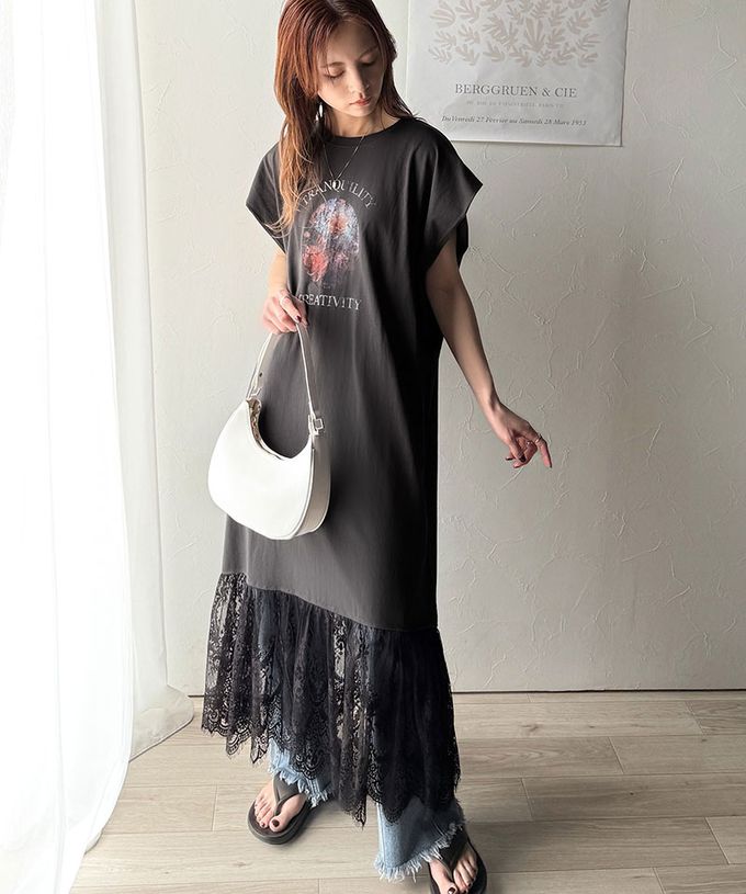 日本 Classical Elf - 下擺蕾絲酷感印花法式袖洋裝-檢查表