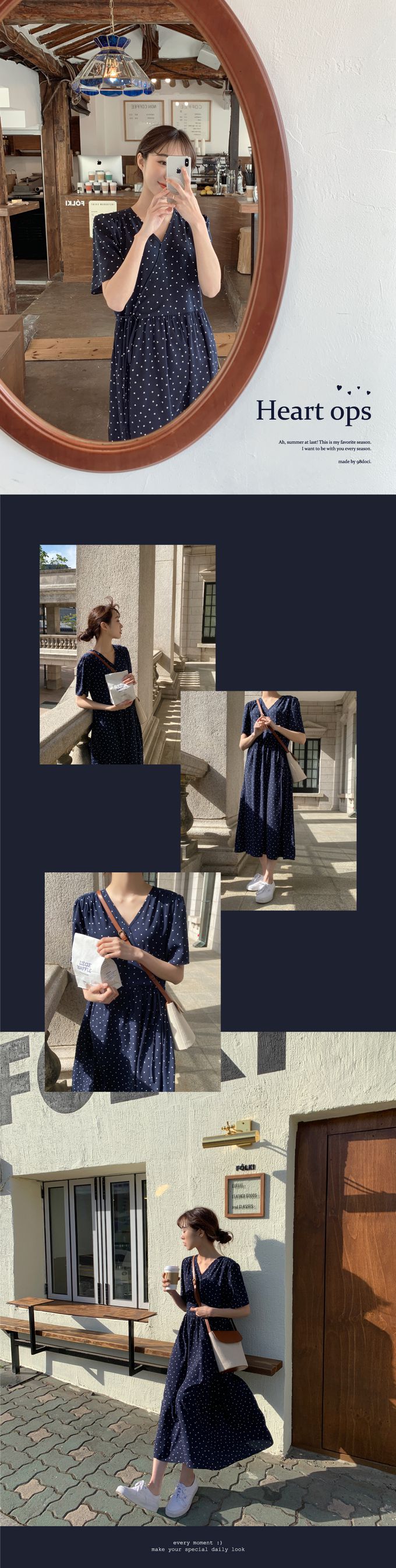 韓國 98doci - 滿版小愛心V領連身洋裝-深藍