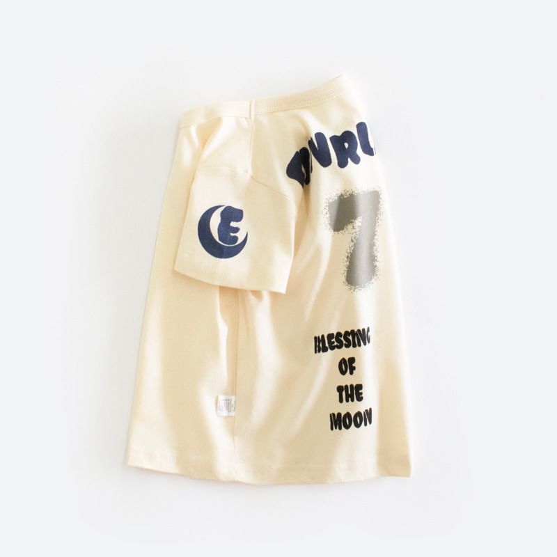 純棉短袖上衣-英文字母+數字7-杏色