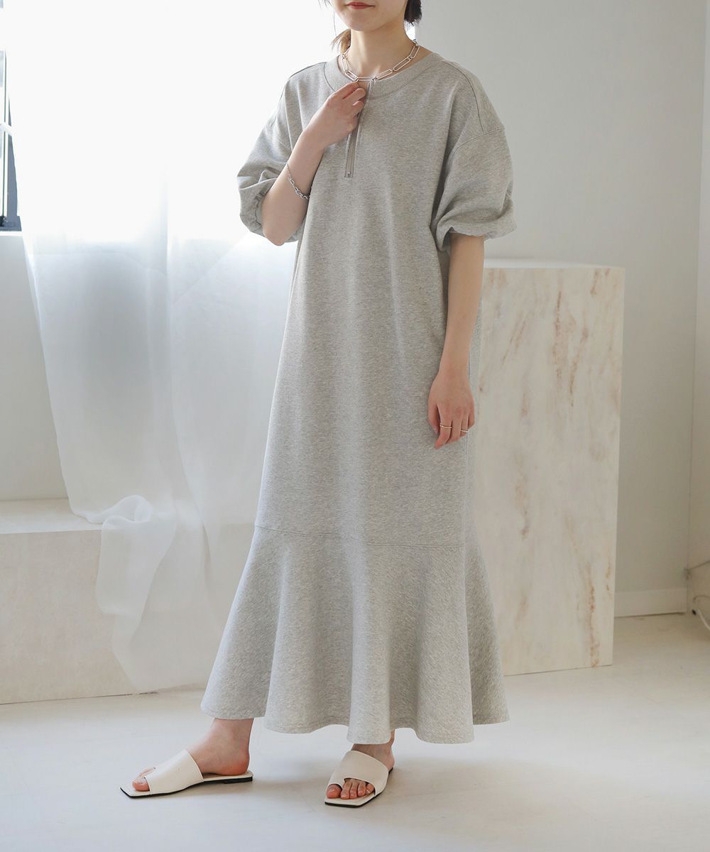 日本 Bou Jeloud - 休閒拉鍊亨利領泡泡袖洋裝-灰