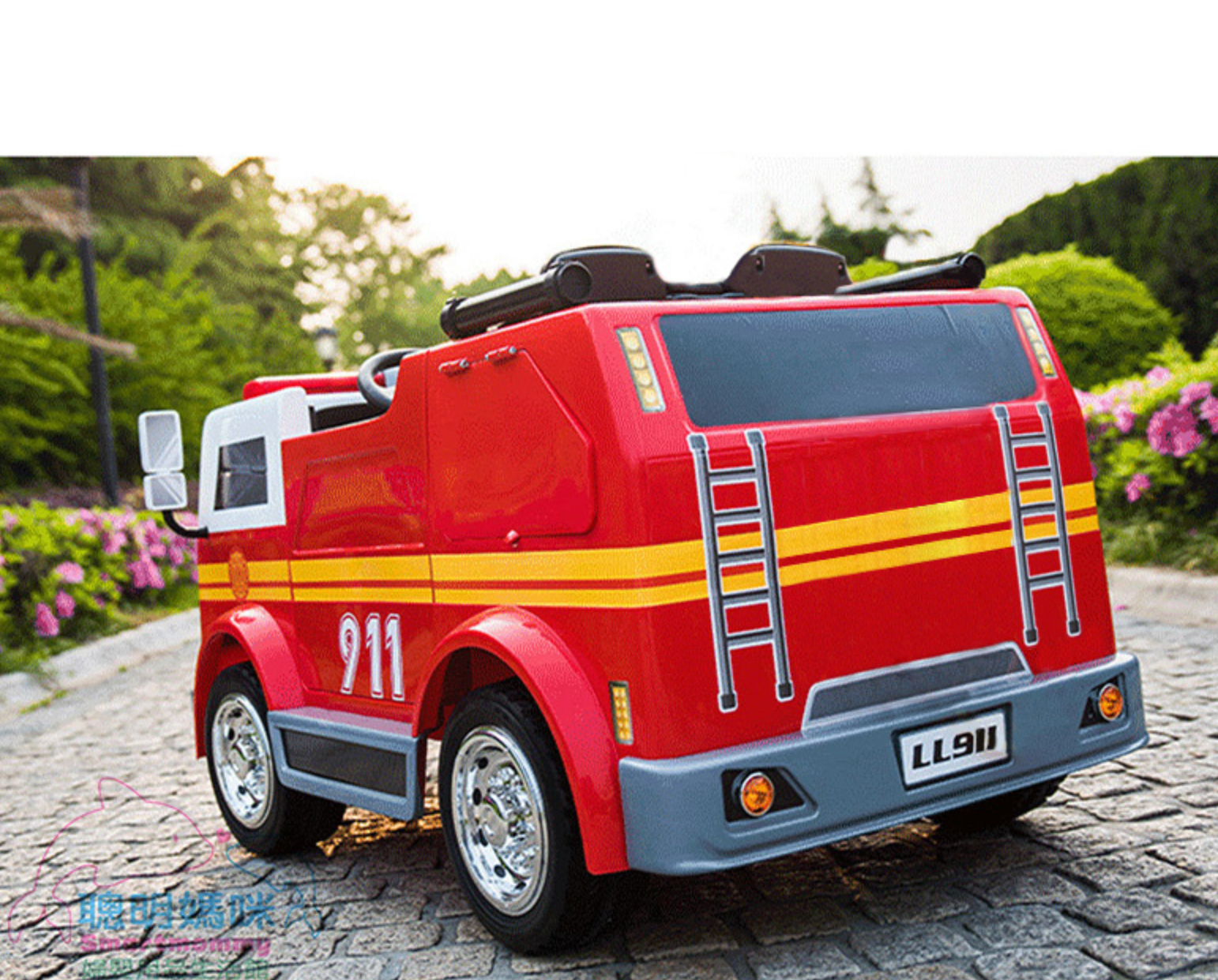 聰明媽咪兒童超跑 - 消防車造型 雙人座 雙驅兒童電動車-紅色