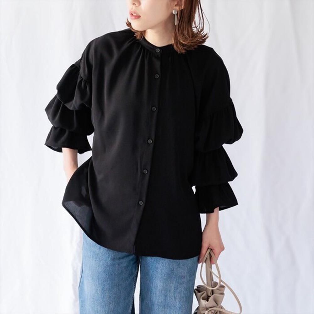 日本 ihuu - 甜美泡泡層次長袖襯衫-黑