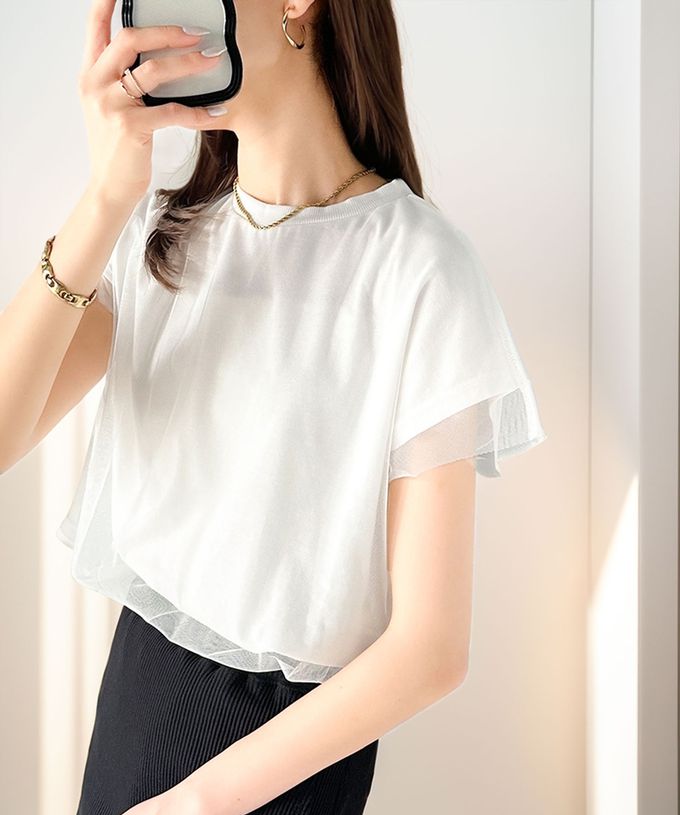 日本 Classical Elf - Java 薄紗分層法式袖上衣-背標籤印花-白