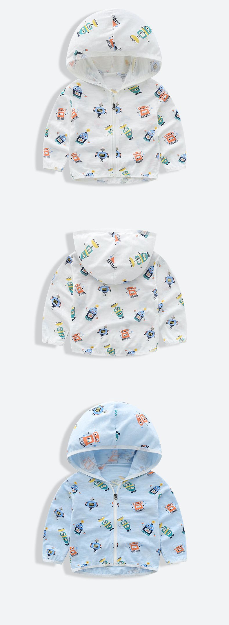 純棉連帽防曬外套/空調外套-小小機器人-白色