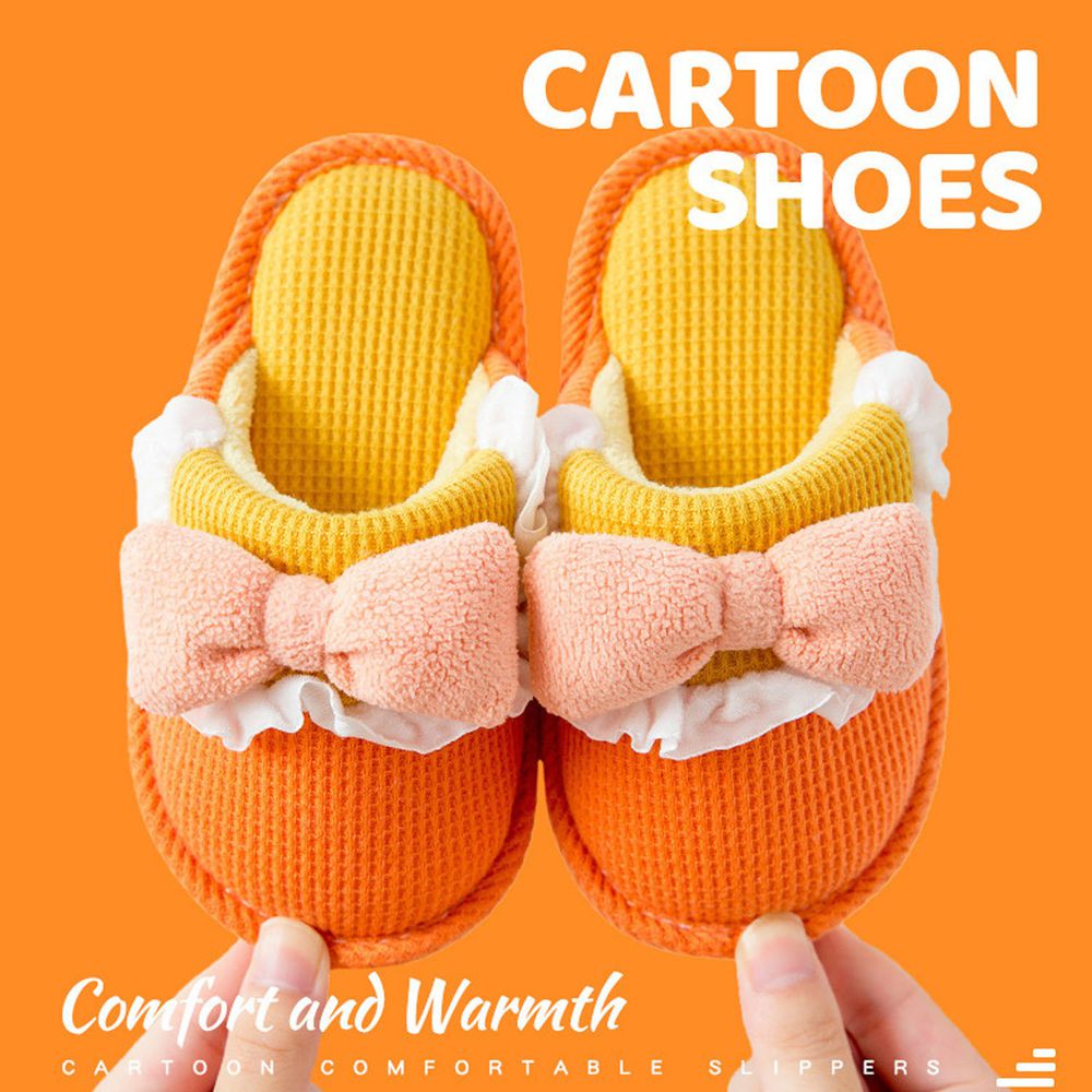 兒童鬆餅格紋保暖室內拖鞋-蝴蝶結款-黃橘色