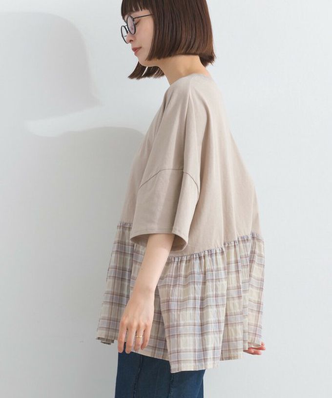 日本 Lupilien - 接觸涼感 可愛格紋休閒五分袖上衣-藍綠