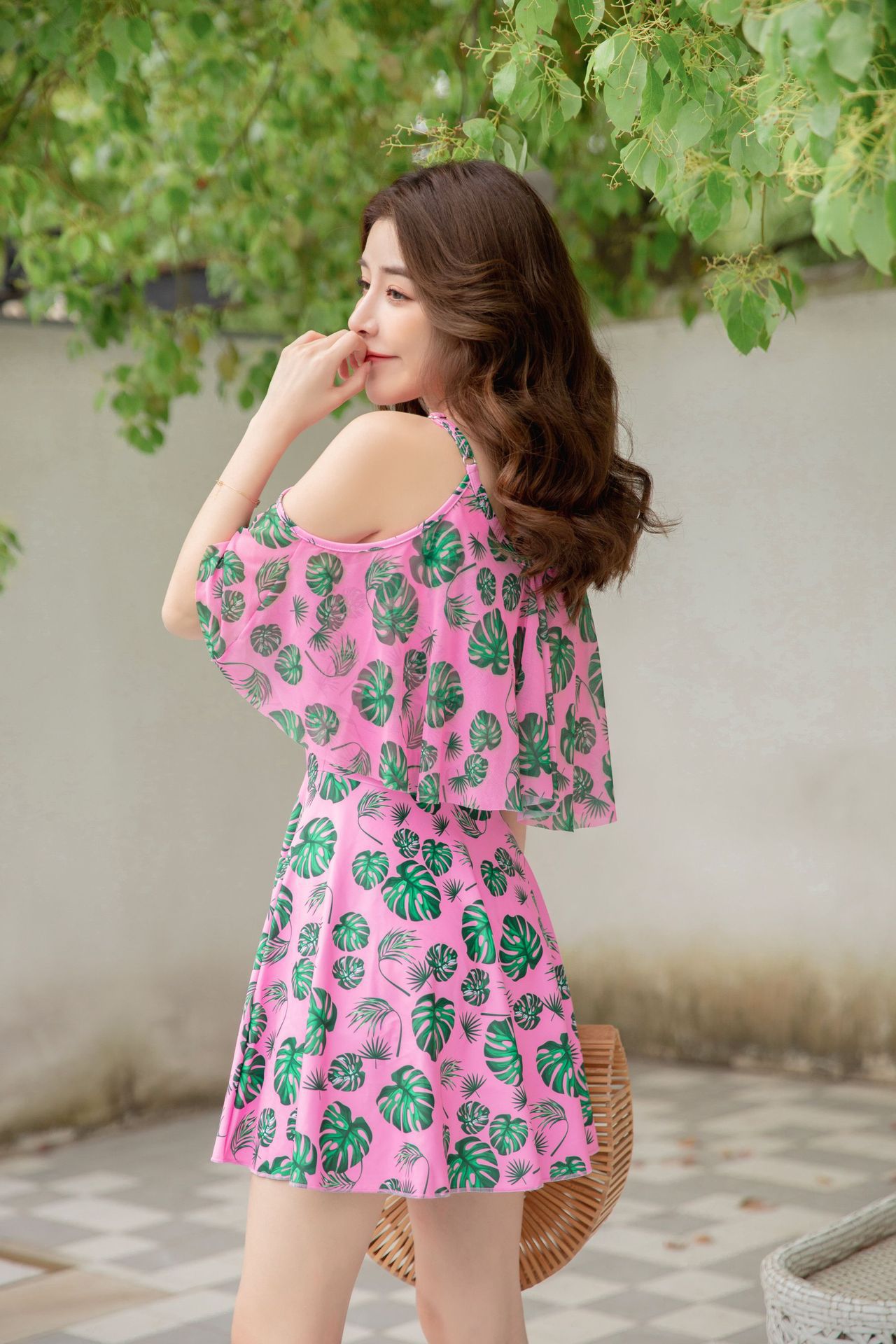 清新印花修身顯瘦遮肉連身裙泳裝-滿滿小葉子-綠+白