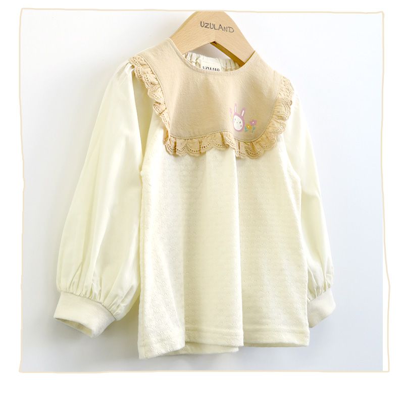 日本 ZOOLAND - 童趣印花拼接長袖上衣-荷葉領兔兔-淺粉