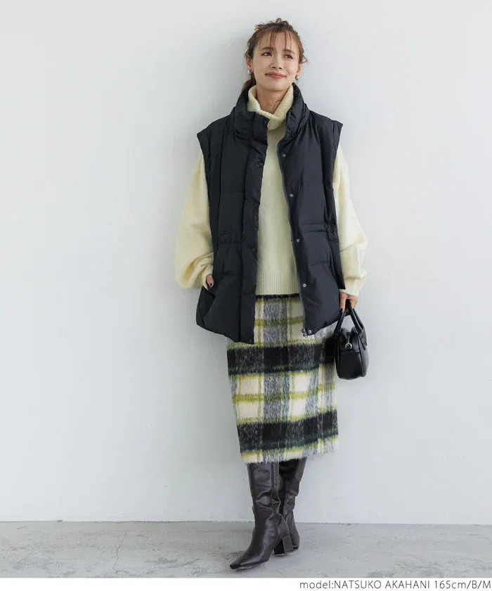 日本 COCA - 慵懶毛呢格紋鬆緊長裙-綠米