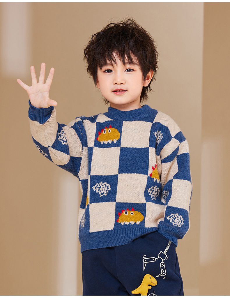 圓領保暖針織長袖上衣/毛衣-拼色格紋恐龍-藍色