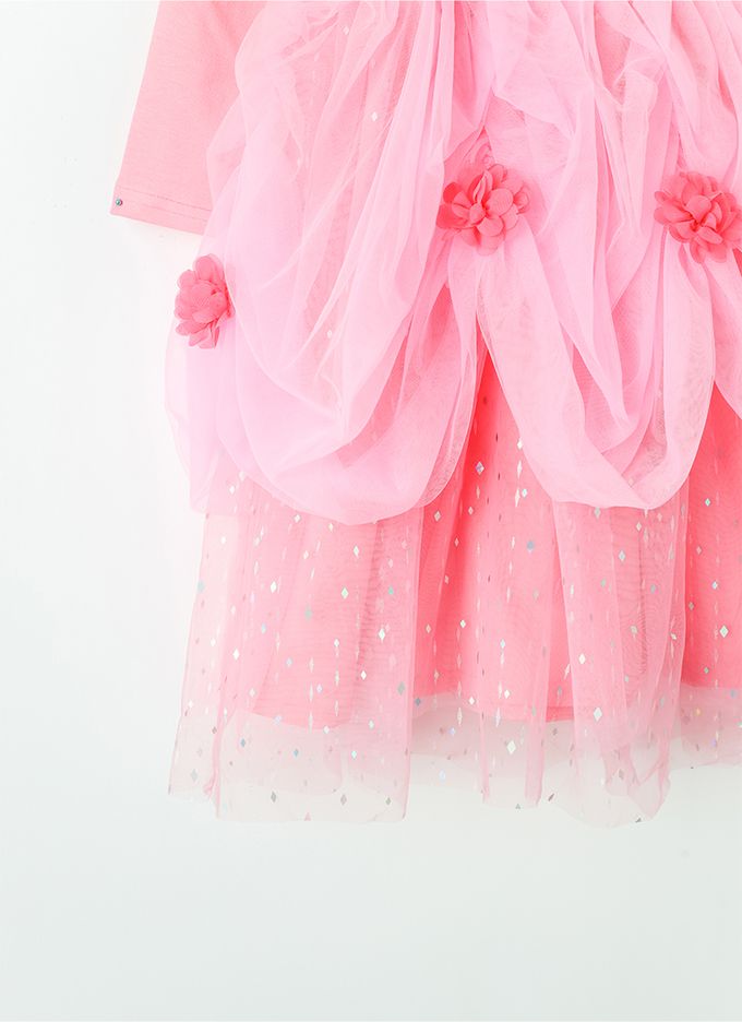 韓國 OZKIZ - (附配飾)花朵層次裝飾公主網紗洋裝-粉