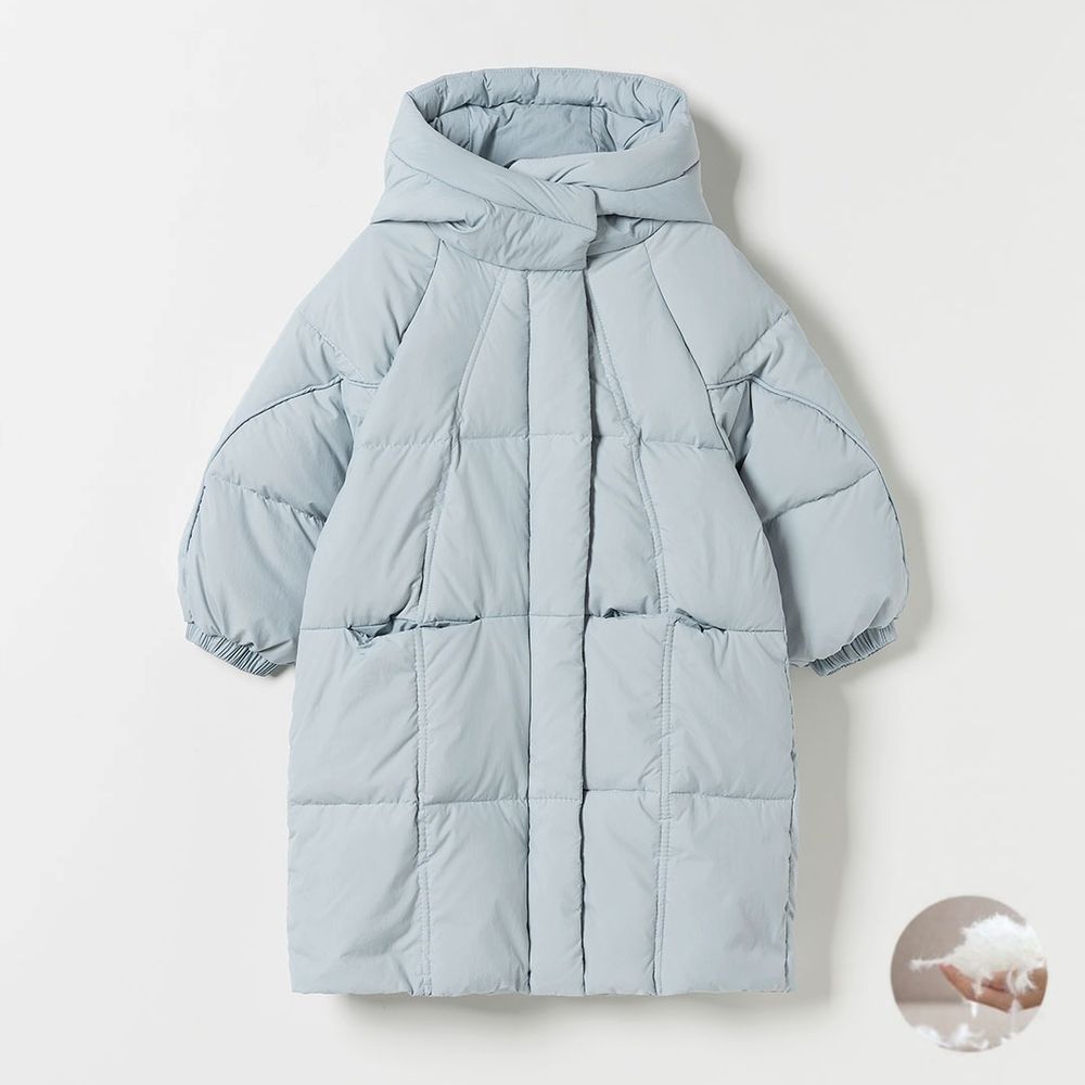 棉花糖蓬鬆連帽長版羽絨外套-天藍