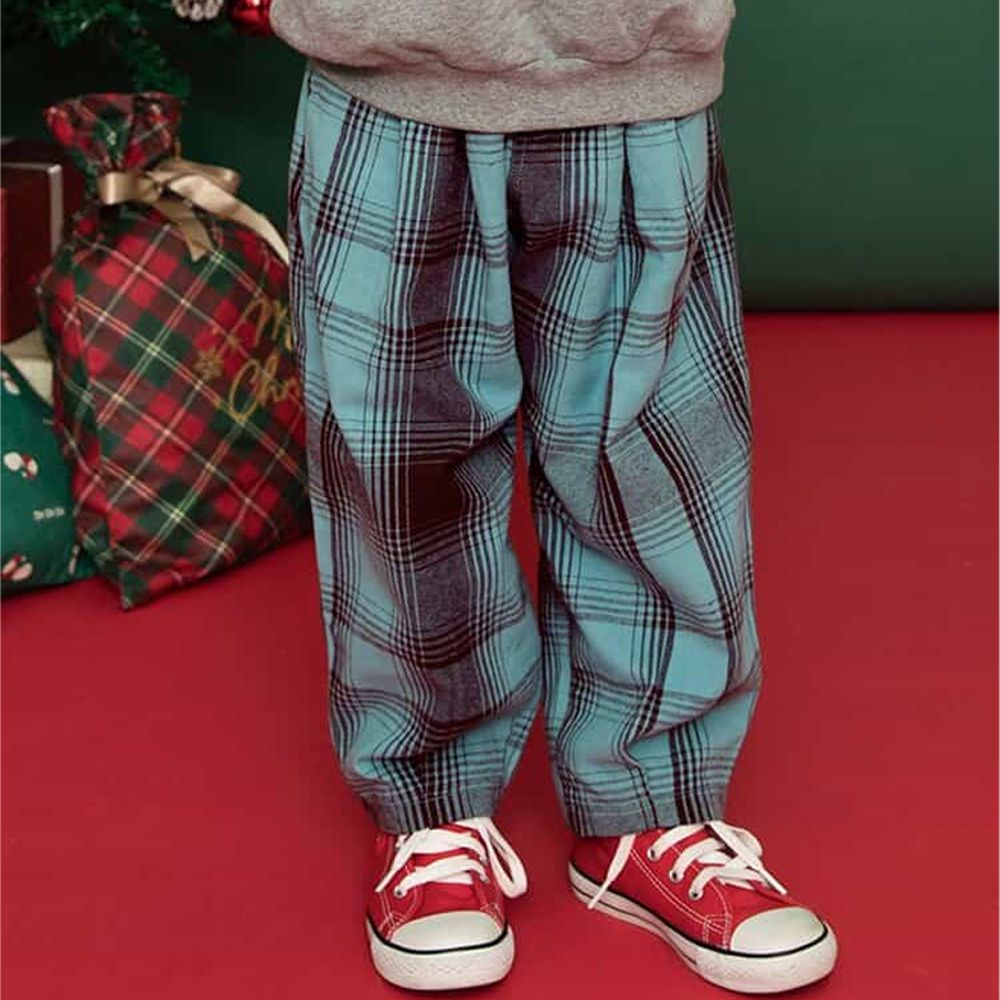 [聖誕限定]純棉夢幻格紋寬版長褲-薄荷藍