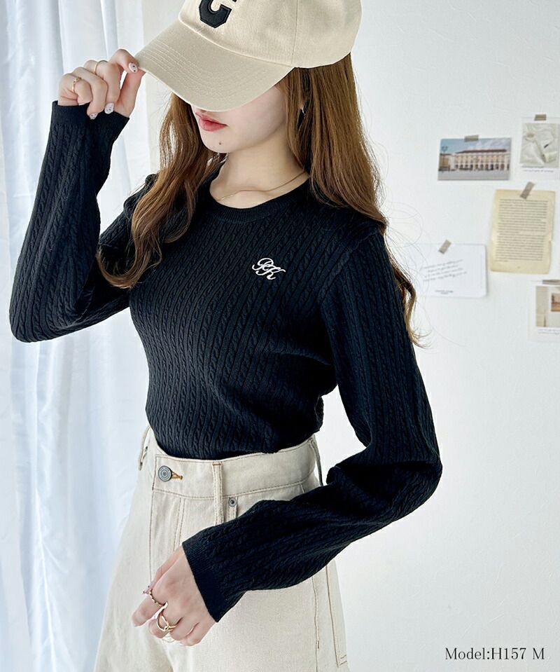 日本 Classical Elf - 學院風logo編花針織長袖上衣-米白x黑邊