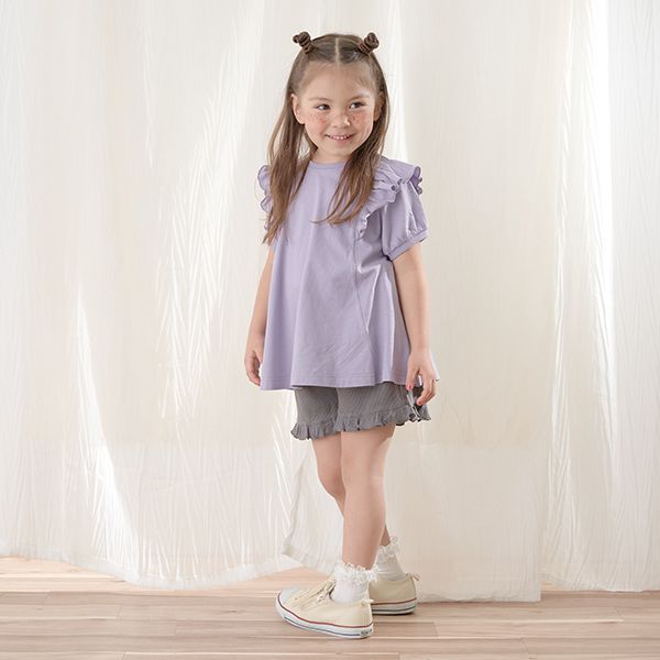 日本 Lycee mine - 肩膀荷葉傘狀長版短袖上衣-粉紅