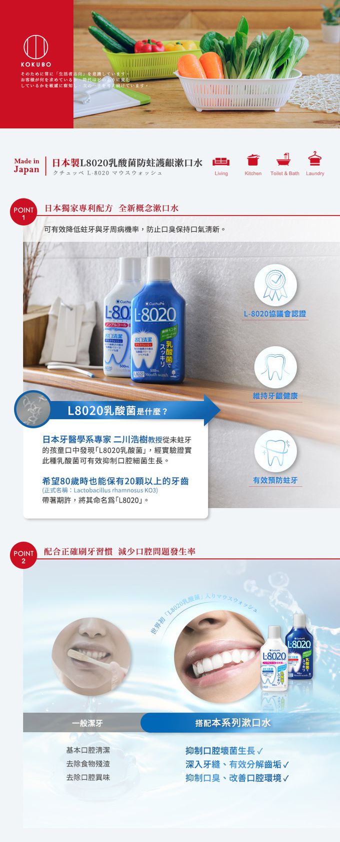 日本 小久保KOKUBO - 日本製L8020乳酸菌防蛀護齦漱口水-500ml-沁涼薄荷