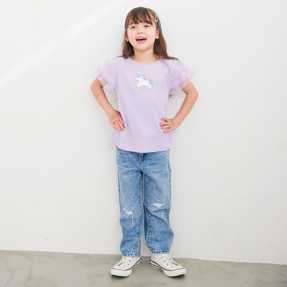 日本 evercloset - 柔軟羅紋獨角獸印花蕾絲袖上衣-粉紅